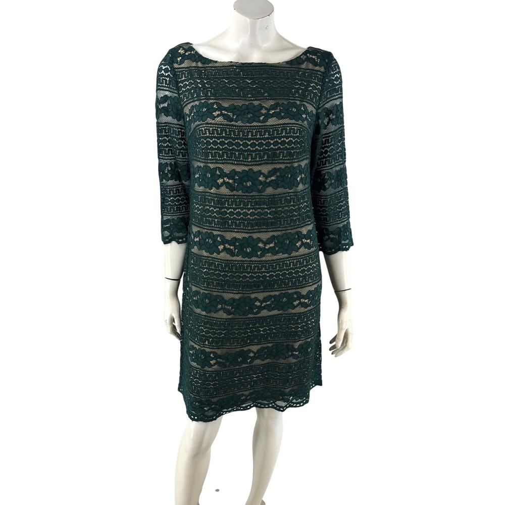 Eliza J Womens Sheath Dress Size 14 Green Lace over Nude Boat Neck 3/4 Sleeve